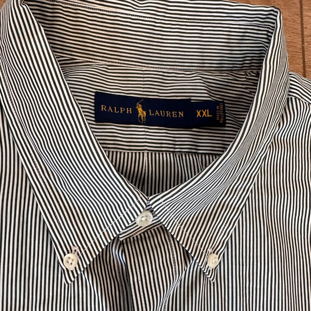 Ralph Lauren | Mens XXL Green White Striped Dressy Long Sleeve Button Down Shirt - Picture 4 of 8
